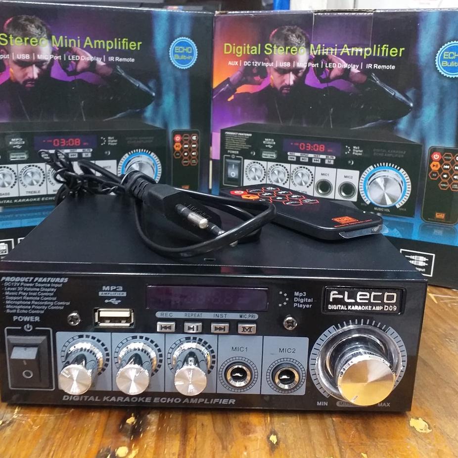 Depan  POWER AMPLIFIER KARAOKE DIGITAL FLECO D-09//POWER AMPLI DIGITAL STEREO MINI 12V/USB/MP3 PLAYE
