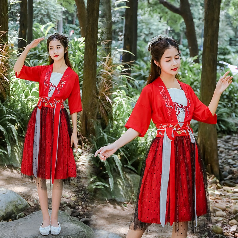 hanfu wanita rok pendek pakaian adat istiadat chinese edisi imlek cny gong xi fa cai