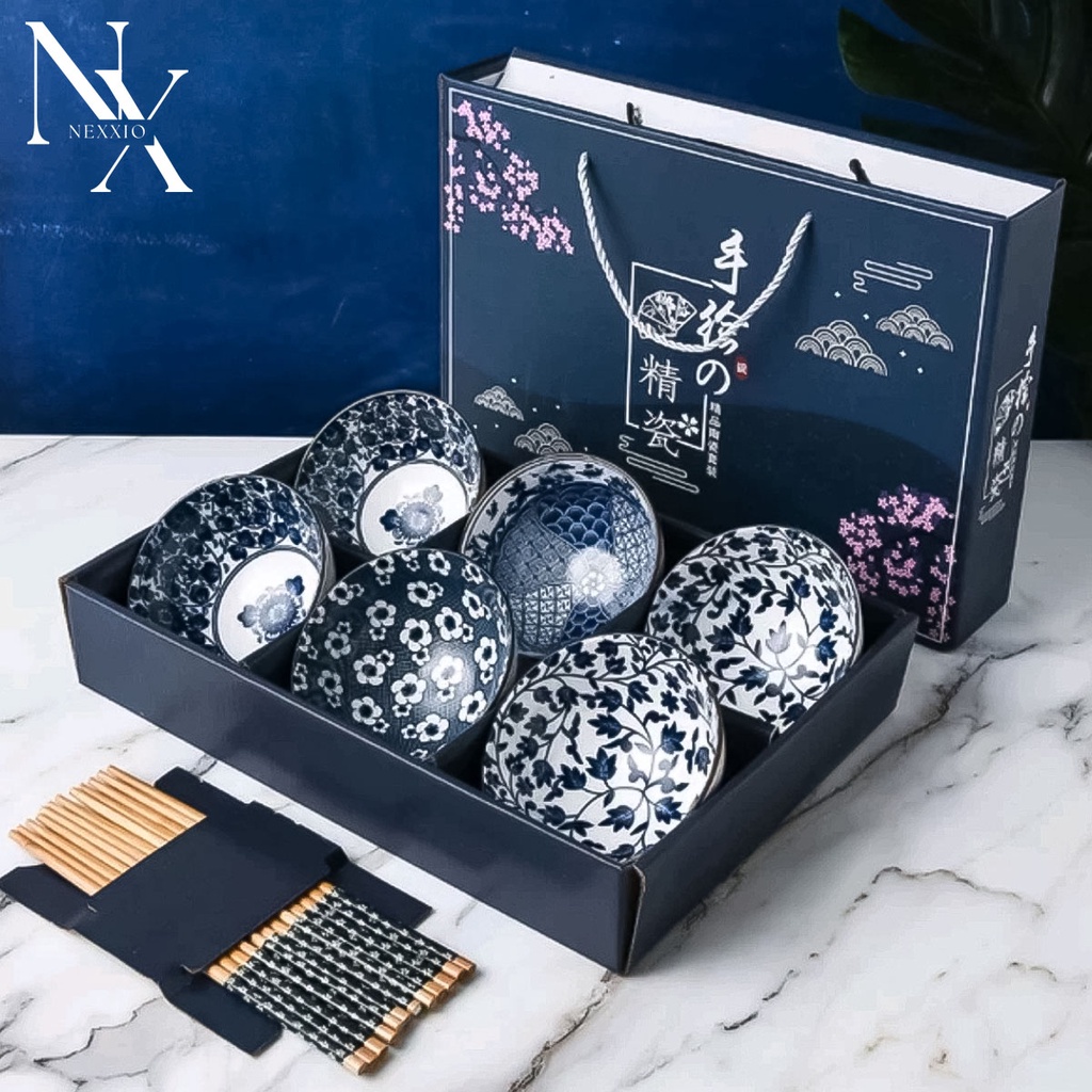 NEXXIO Souvenir mangkok set premium isi 6 peralatan makan porselen biru dan putih mangkuk keramik kotak hadiah mangkok hampers set premium