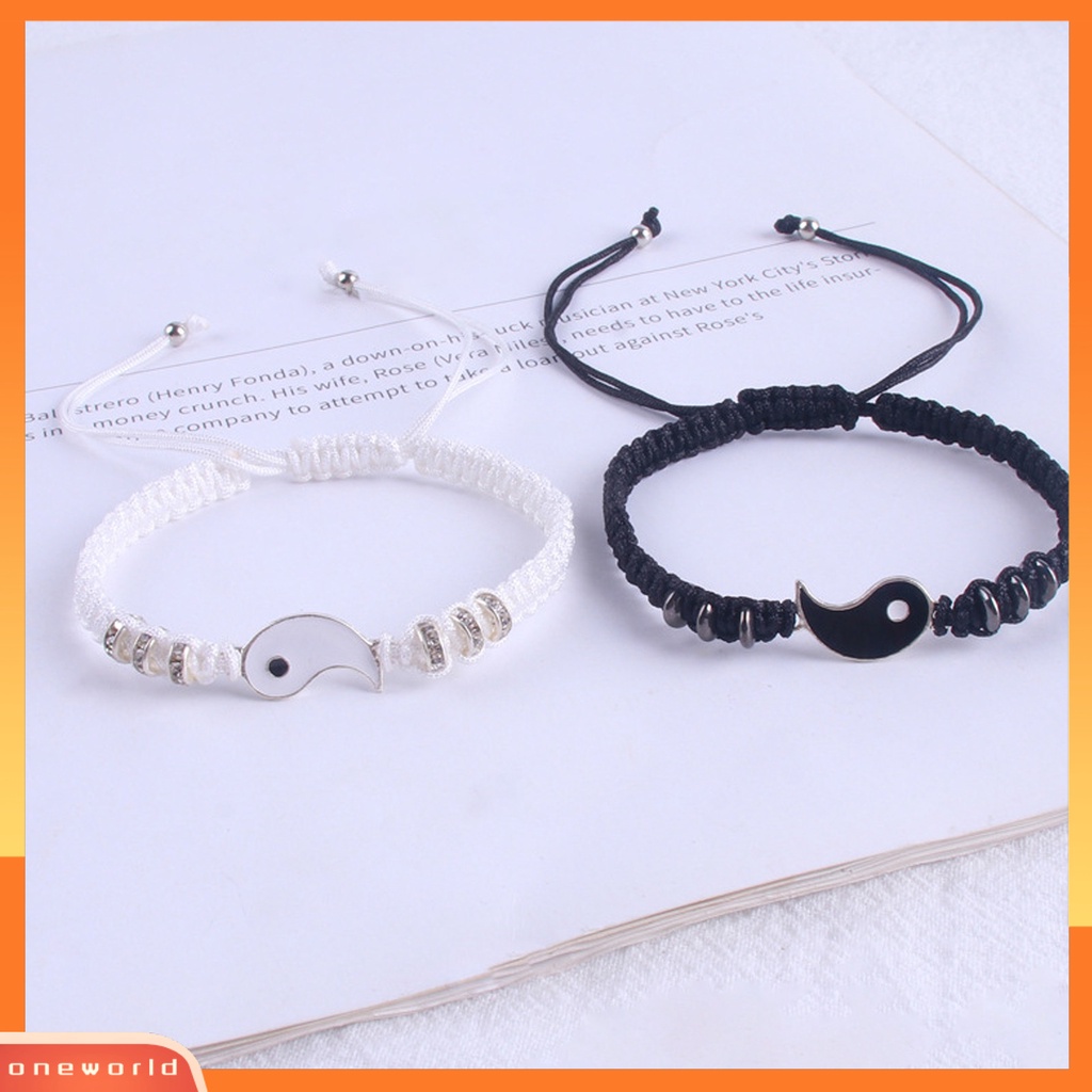 {oneworld} 2pcs Gelang Couple 2jodoh Yin Yang Tangan Rajutan Pria Wanita Berlian Imitasi Mengkilap Gelang Yang Dapat Disesuaikan Untuk Hari Kasih Sayang