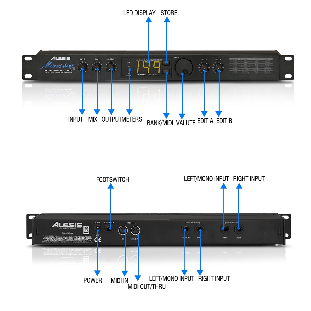 【COD】Efek Vokal Microverb 4 Menawarkan 100 ambang batas dan MIC4 program pengguna untuk reverb berkualitas tinggi Delay and chorus to multiple and dual send sequence channels Input daya 9VAC, antarmuka MIDI, output/input antarmuka 6.35MM
