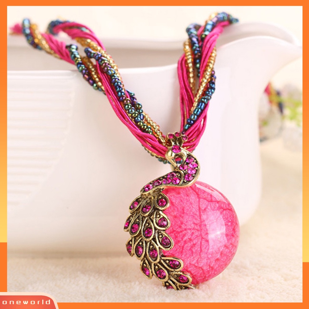 {oneworld} Bohemian Wanita Berlian Imitasi Hias Merak Bulat Imitasi Opal Liontin Kalung Hadiah