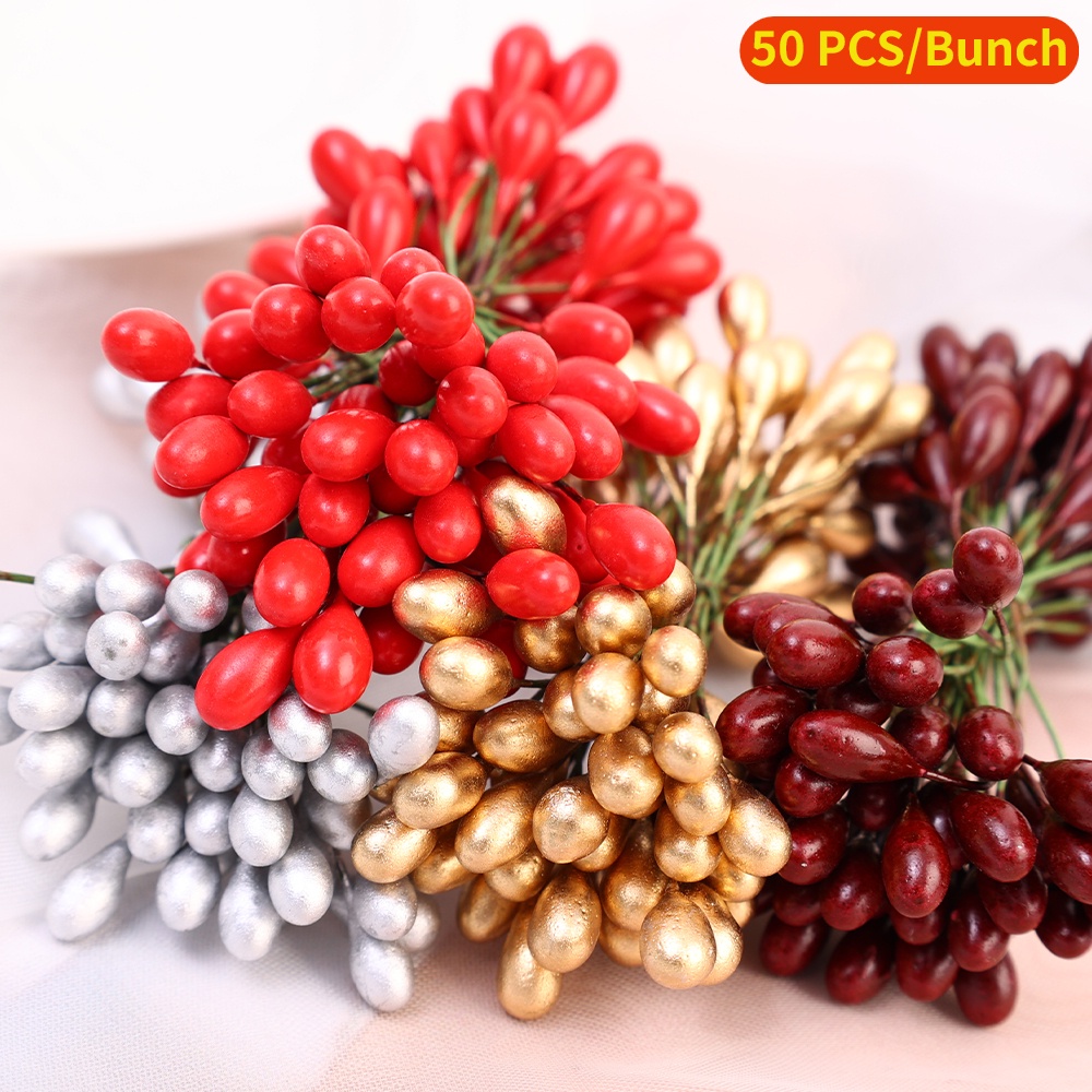 50pcs/ikat Berry Simulasi DIY Dengan Kawat Besi/Berry Holly Buatan Untuk Dekorasi Pohon Natal/Garland &amp; Gelang Buah Natal Aksesoris Anyaman/Bahan Kerajinan