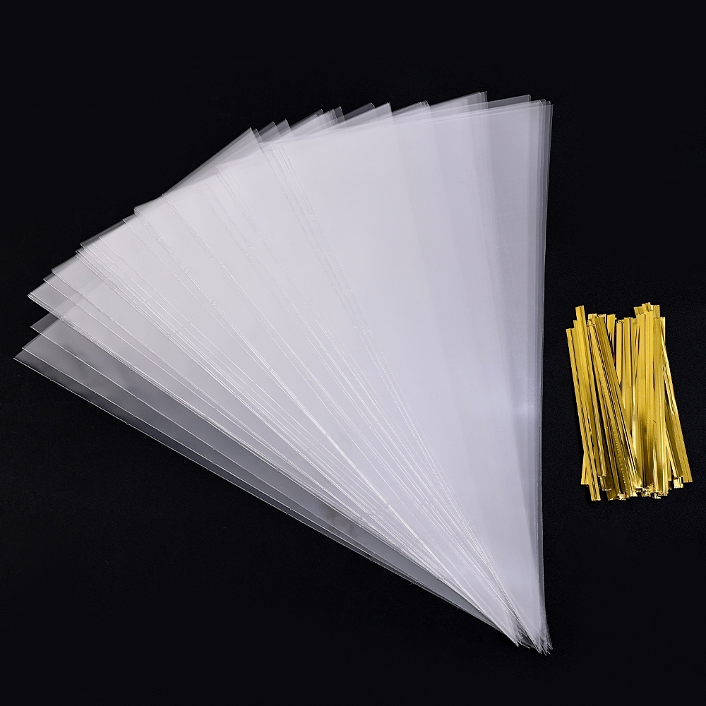 50 Pcs Pack Plastik Segitiga Cookies Bag Cone Bening Cellophane Packing Bag Pernikahan Ulang Tahun Natal Nikmat Packing Transparan Permen Kantong Dengan Dasi