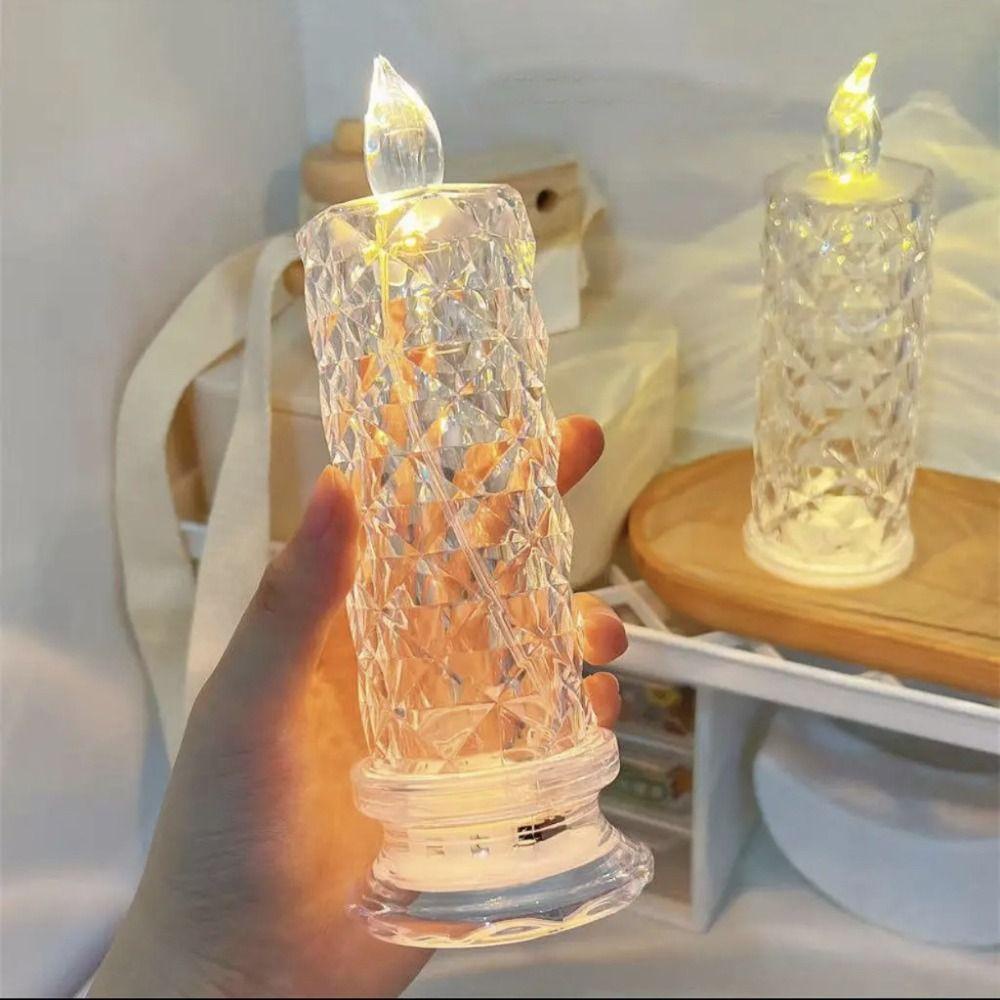 [Elegan] Lampu Meja Kristal Kamar Tidur Lilin LED Romantis Motif Mawar Akrilik Night Light