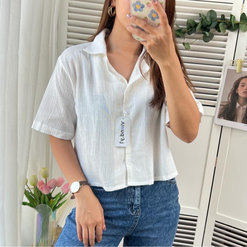 Blouse Polos Wanita Korea Terbaru / Atasan Cewek 142/crop Linen kemeja crop