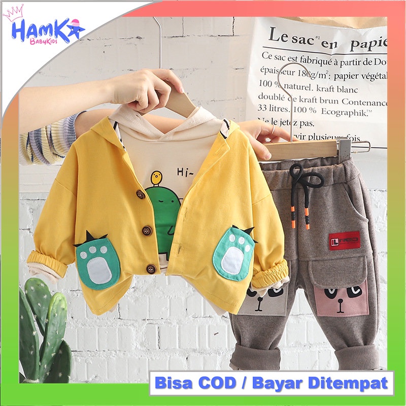 Setelan Jaket Anak Laki Laki Model Dino Import 3 in 1 Jaket Celana kaos Bayi Cowok 6 12 Bulan 1 2 Tahun 2 3 Tahun