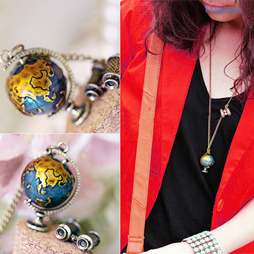 Ls Rantai Kalung Sweater Vintage Creative Alloy Rotatable Globe Teropong Untuk Wanita