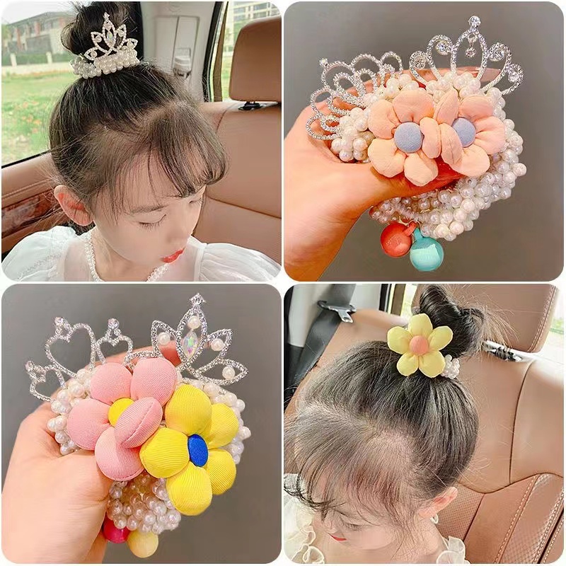 Ikat Rambut Anak Wanita Motif Mahkota Mutiara/Motif Bunga Mutiara Permata Gaya Korea Import