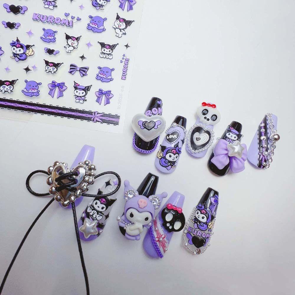 NEEDWAY Kartun Stiker Kuku Perekat Diri Hewan Manikur Aksesoris Kartun Kuromi Nail Art Dekorasi