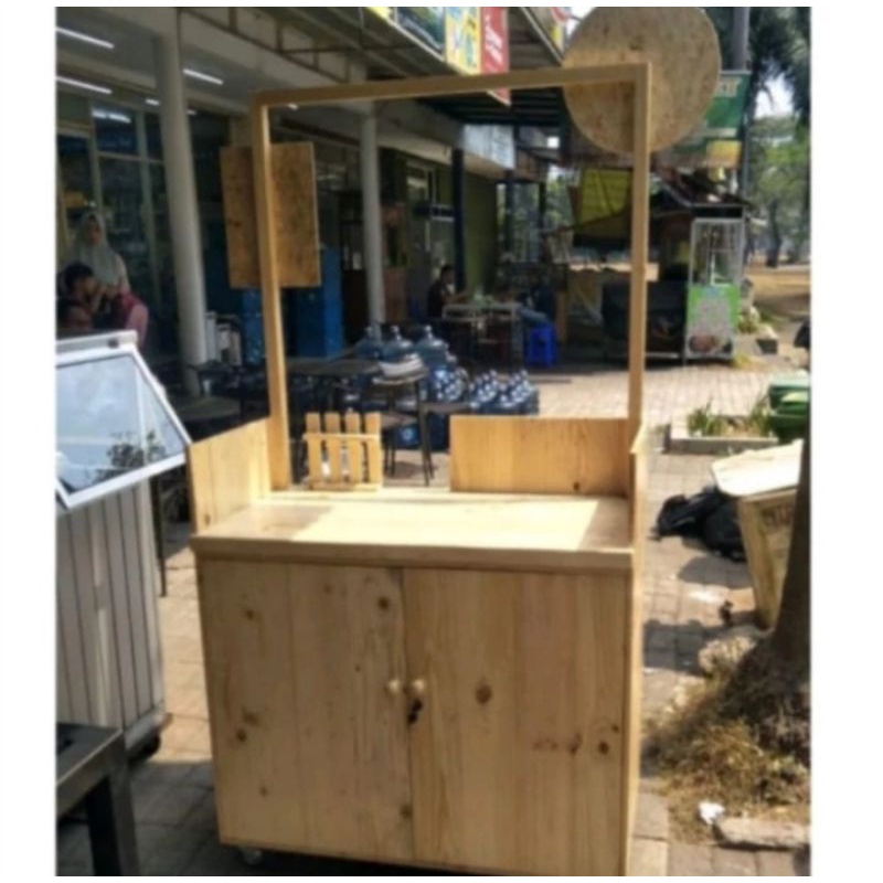 GEROBAK BOOTH PORTABLE JATI BELANDA NATURAL KAYU