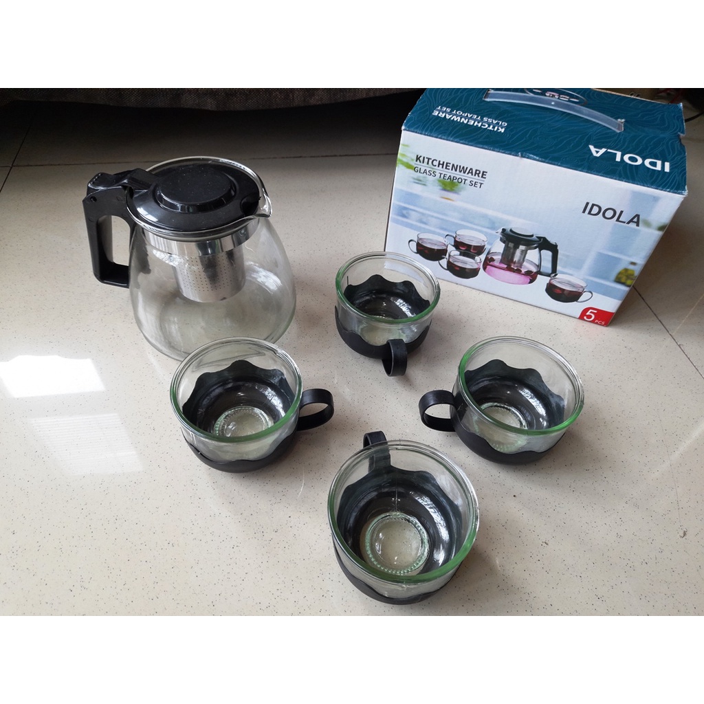 Teko Saring Glass Teapot Set Plus 4 Cangkir Kitchenware Idola - Only Gojek Grab