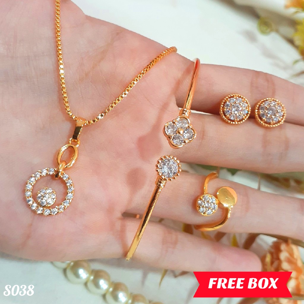 PGX Set Perhiasan Xuping Cincin Gelang Kalung Anting Lapis Emas - S038