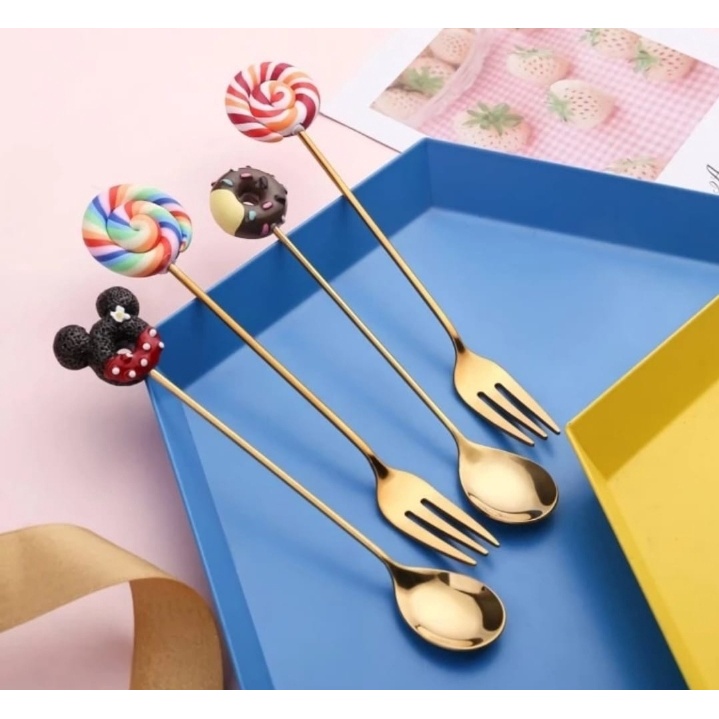 Cafe Sendok Garpu Lucu Dessert Kecil Karakter Korea Gold TeaSpoon