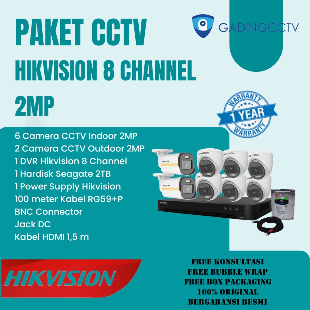 Paket CCTV 8 Camera HIKVISION 2MP dan DVR HIKVISION 8Ch Beserta Kelengkapan