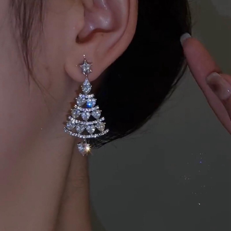 Mewah Pohon Natal Kristal Zirkon Anting Telinga Stud Drop Menjuntai Wanita Perhiasan