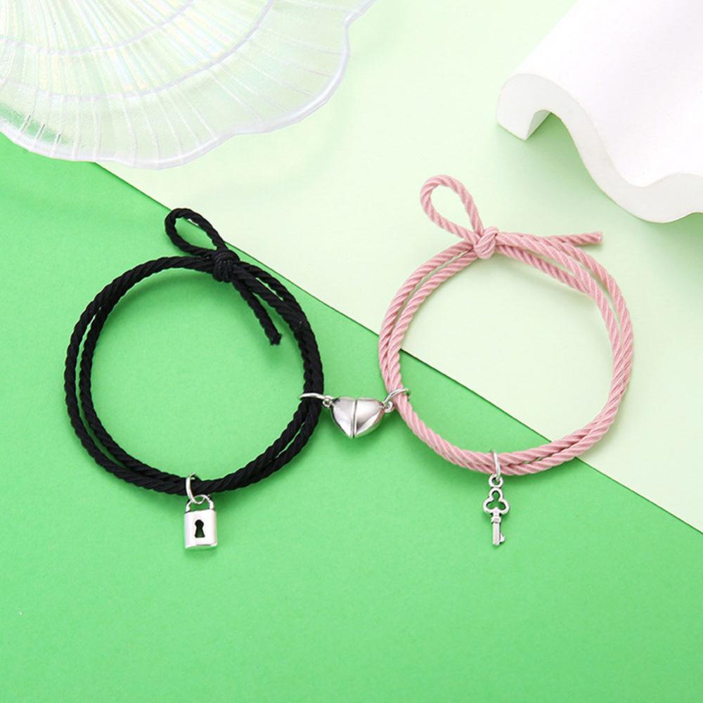 Timekey Wanita Magnet Pasangan Gelang Pecinta Kunci Hati Dikepang Tali Rantai Pergelangan Tangan Minimalis Perhiasan Hadiah D1J6