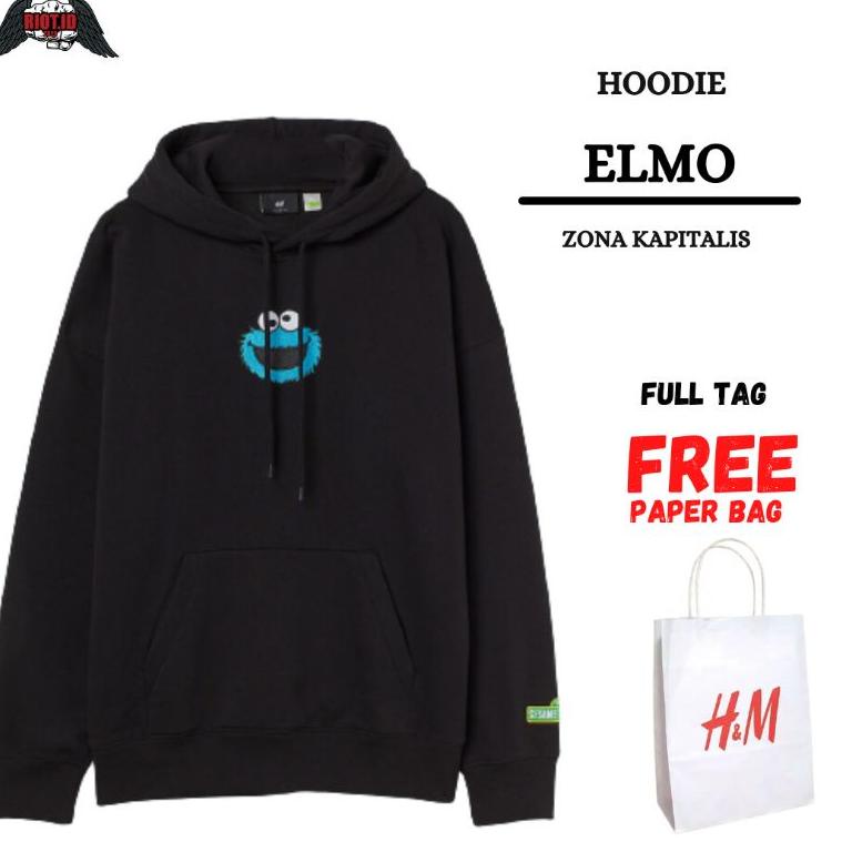 (1.1) Hoodie H&M Elmo Hitam Black FREE PAPER BAG Full Tag HnM Jaket Sweater Pria Wanita • SLB.05Ja23