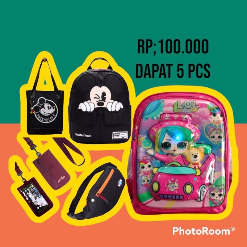 Tas Anak Promo Paket Murah Dapat 5 Pcs Ransel anak Tk Lol/Ransel Mickey Mouse/Totebag Mickey/Selempang/Waistbag