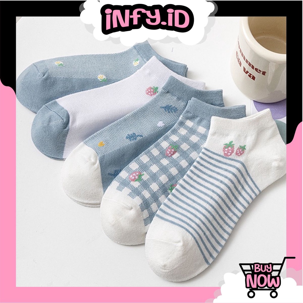 INFY - Kaos Kaki Pendek Wanita Semata Kaki Motif Daun Strawberry Biru KK029