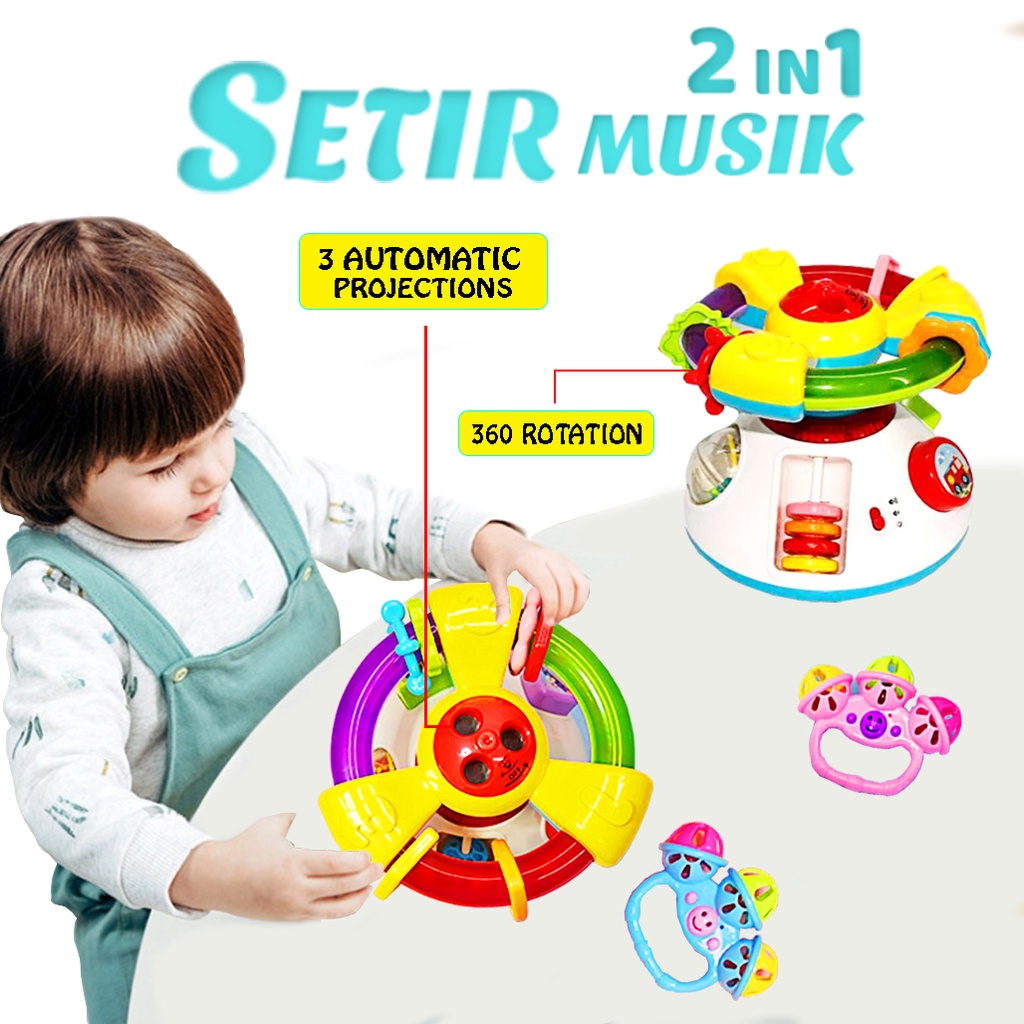 Mainan Bayi Setir Musik 2in1/ Mainan Proyektor Gambar/Mainan kerincingan Bayi Premium/ Mainan setir-setiran