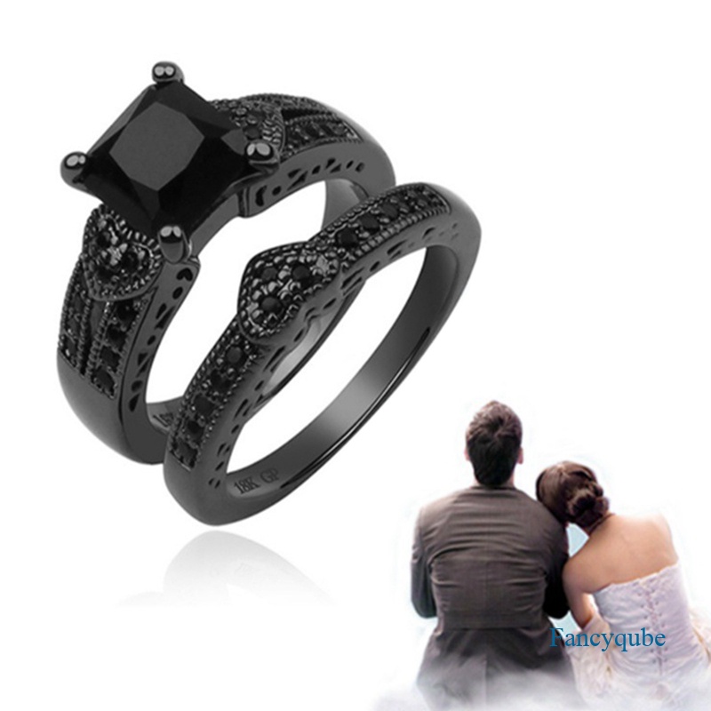 Fashion Pasangan Cincin Wanita Hitam Hati Kristal Cubic Zirconia Rings Pria Dua Baris Hitam Cubic Zirconia Batu Stainless Steel Ring Pernikahan Perhiasan