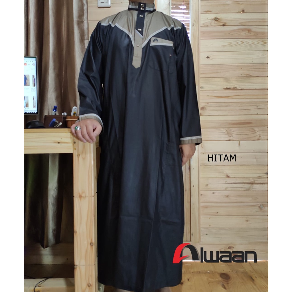 Baju/pakaian muslim pria koko gamis jubah dewasa ALWAAN/ATTALWIN model JD016 warna HITAM/black