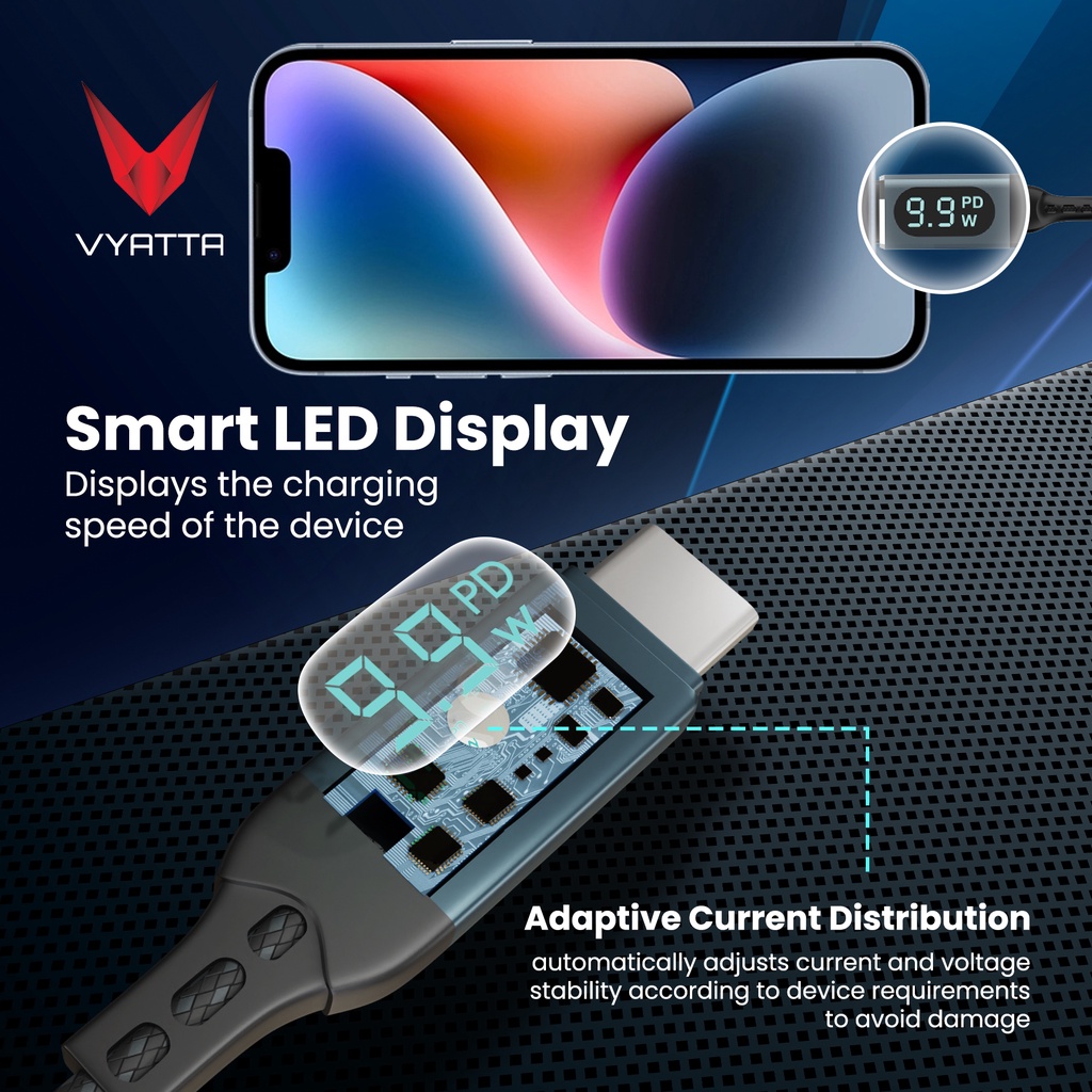 VYATTA LED POWER DISPLAY CABLE LIGHTNING TYPE C VOOC IPHONE SAMSUNG OPPO REALME