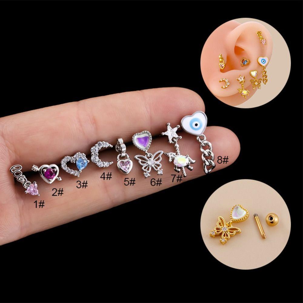 Needway   Bling Love Stud Earrings Manis Retro Desain Fashion Zirkon Telinga Stud Warna Solid Temperamen Lady Peri Telinga Tulang Kuku