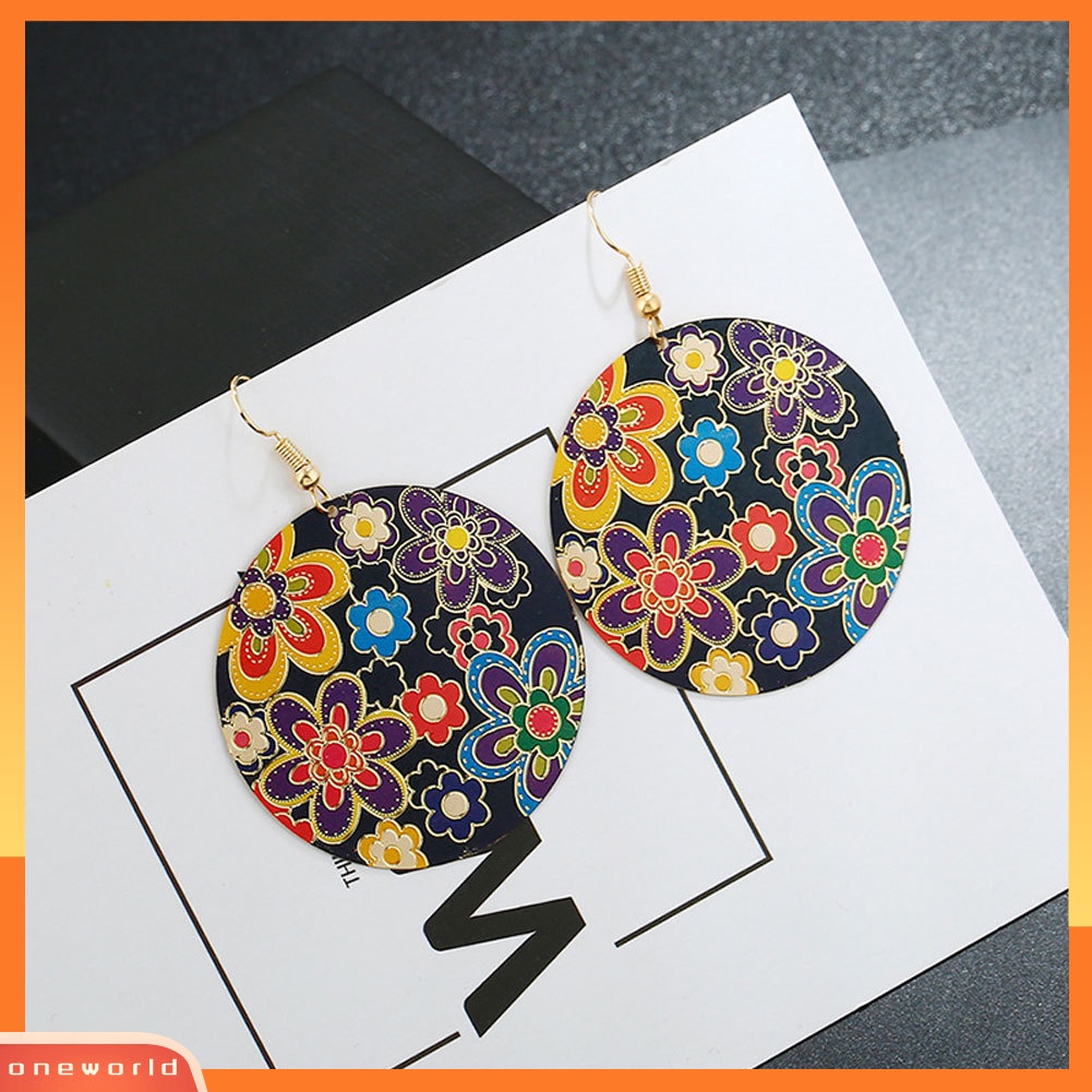 {oneworld} Vintage Wanita Warna-Warni Bunga Cat Bulat Drop Menjuntai Kait Anting Club Perhiasan