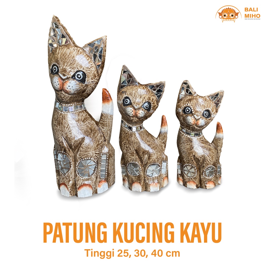 Patung Kucing Kaca Lucu 1 set 40 cm, 30 cm, 25 cm - Patung Kucing Kayu - Pajangan Kucing - Patung Ka