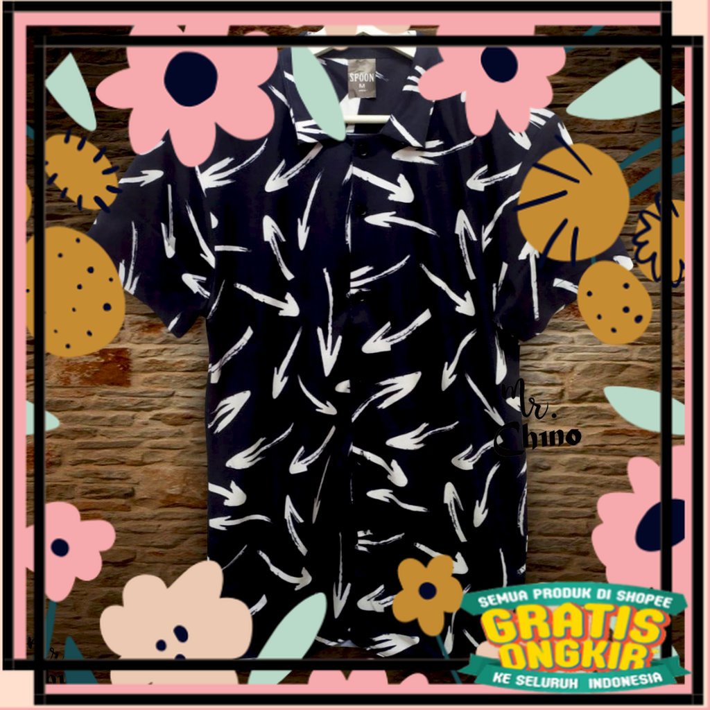 Model Kekinian Lurus panjang pendek / Baju Kemeja Motif Random Arrows | Kemeja Hitam Motif Simple Co