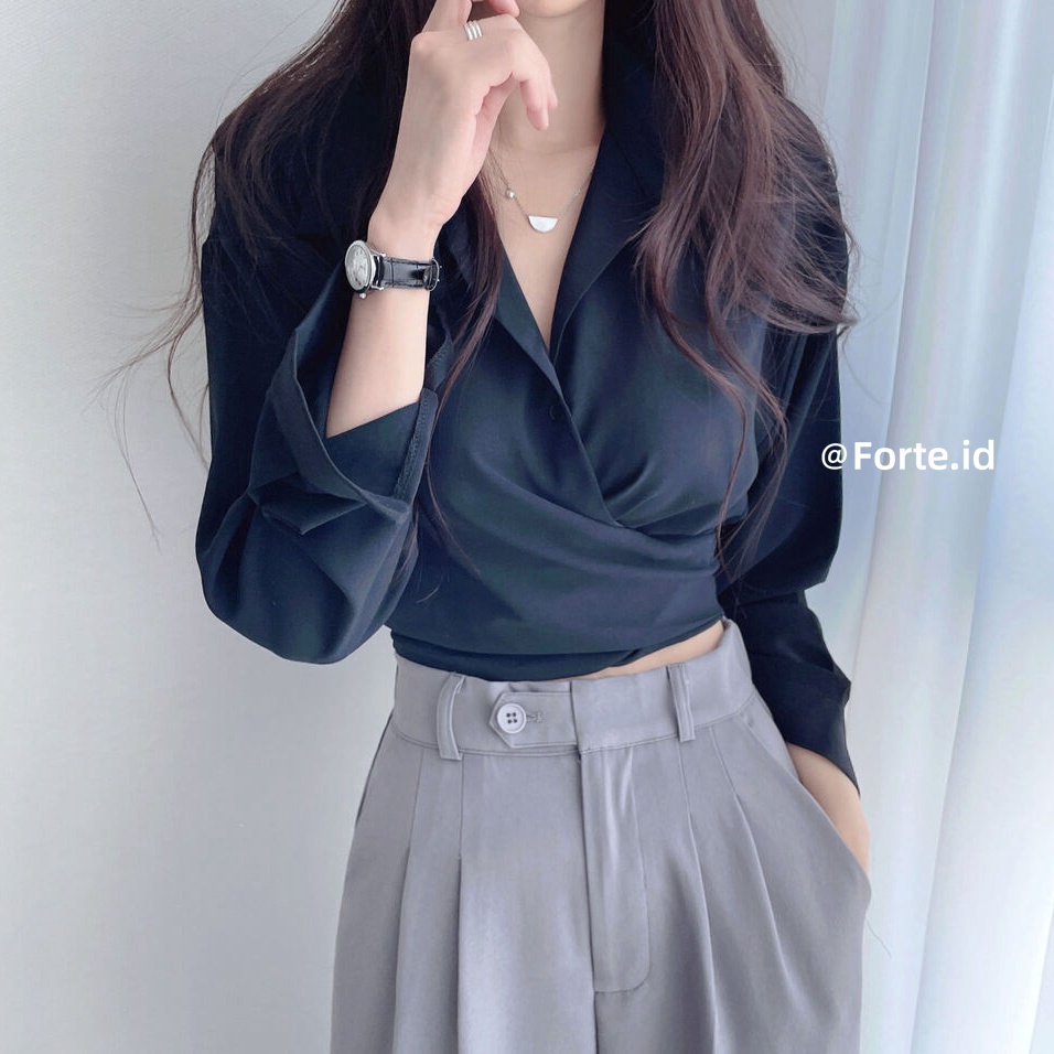 Wrap Top Wanita Hitam Blouse Crop Terbaru Korean Style Kemeja Polos Lengan Panjang