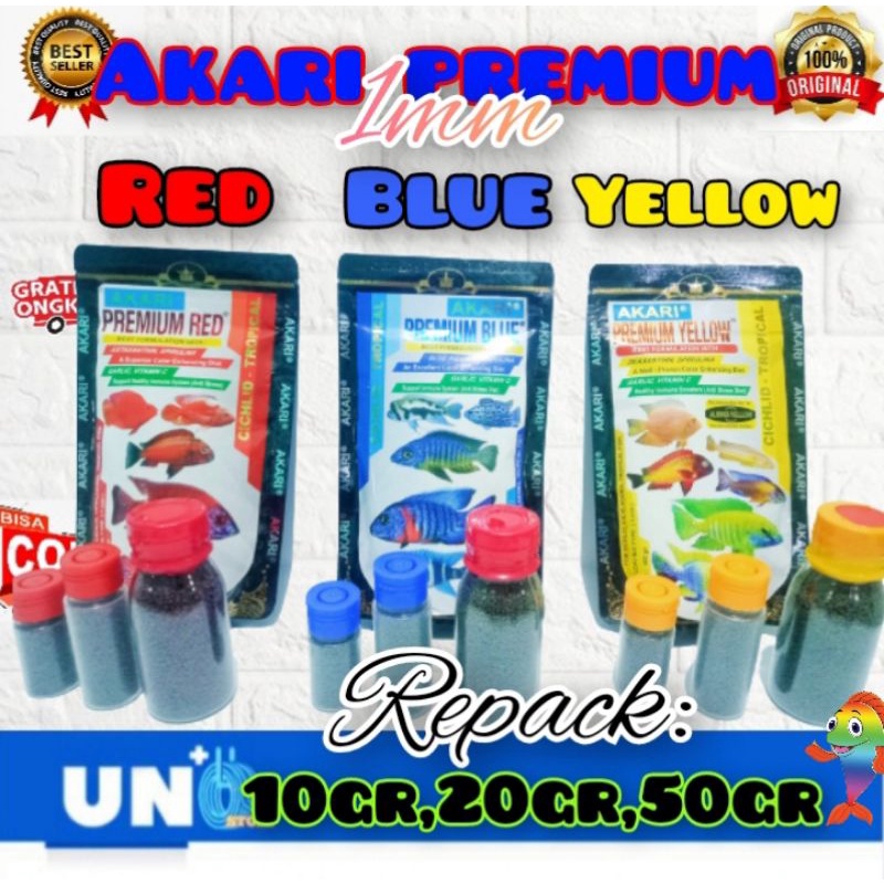 AKARI PREMIUM BLUE RED YELLOW 1MM CHICHLID REPACK 10/20/50gr MURAH