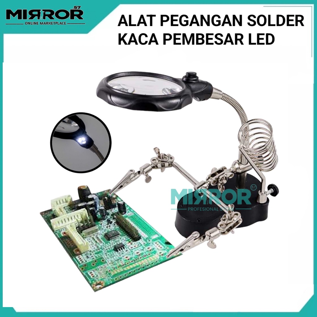 Alat Pegangan Solder Dengan Kaca Pembesar Dan Lampu LED