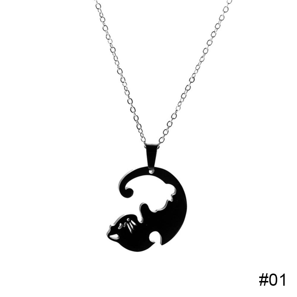 Timekey Kalung Pasangan Baja Titanium Anti Karat Hitam Putih Kucing Pelukan Splicing Liontin Pasangan Kalung Perhiasan Hadiah I1N5