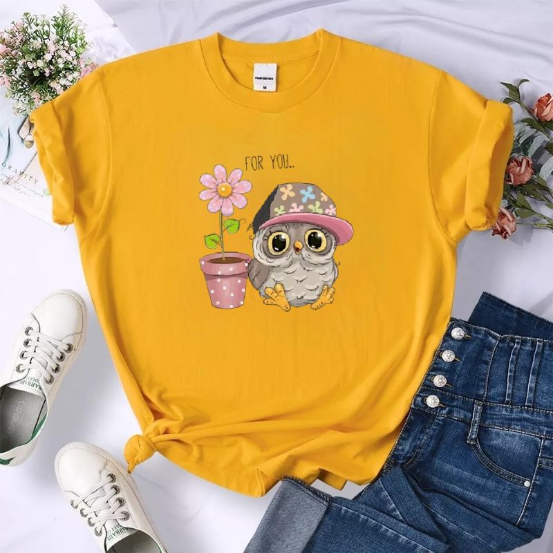 Kaos Wanita Baju Oblong Atasan Lengan Pendek Cewek Cotton Owl Tshirt Oversize Distro Fashion Cod