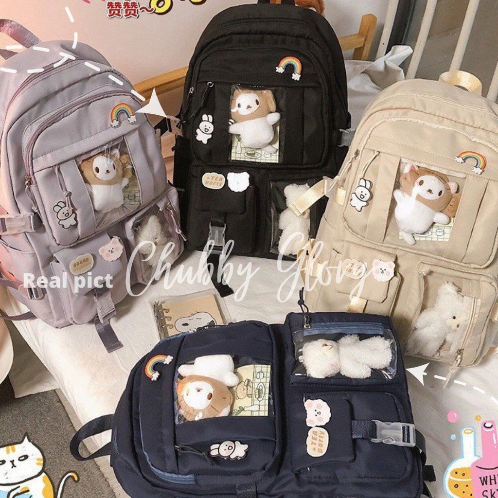 BA2207 Tas Ransel sekolah anak SD SMP SMA dengan 2 boneka dan pin hiasan size besar muat banyak Tas Ransel Korea Fashion Import / TAS RANSEL IMPORT WANITA ALA KOREA BACKPACK IMPORT TAS SEKOLAH KULIAH KERJA REMAJA