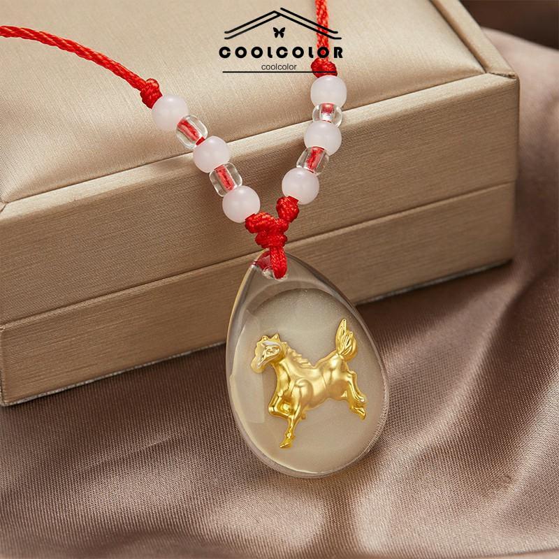 COD❤️Kalung Tali Liontin Bercahaya Kristal Liontin Zodiak Emas Indah Merah- cl