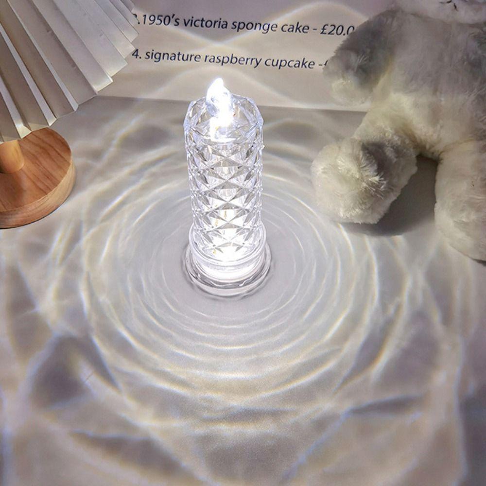 [Elegan] Lampu Meja Kristal Kamar Tidur Lilin LED Romantis Motif Mawar Akrilik Night Light