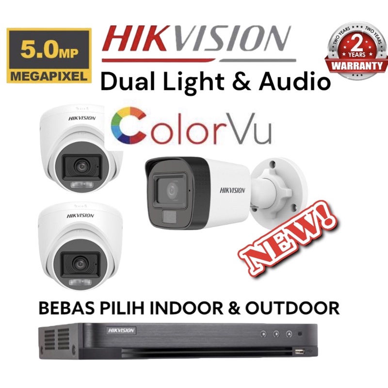 paket camera cctv 3 kamera hikvision 5mp dual light colorvu + audio build built in mic 4 channel ch bisa rekam suara 4ch