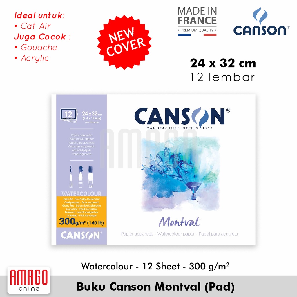 Buku CANSON Montval - 12 sheets - Ukuran 24x32 cm Coldl Pressed - 300g (Pad) - 200807319