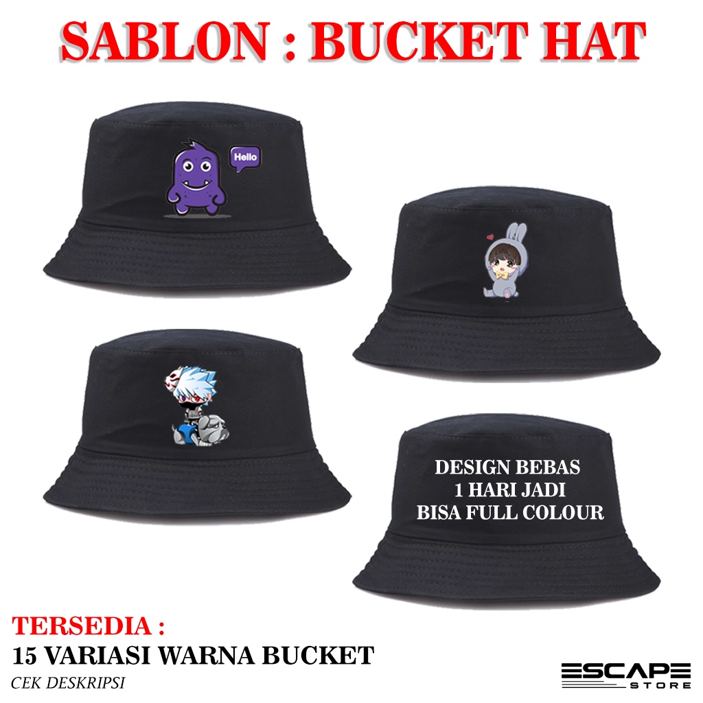 Topi Bucket Hat Pria dan Wanita BONUS Custom Sablon DTF Poliflex Full Warna 1 HAri Jadi