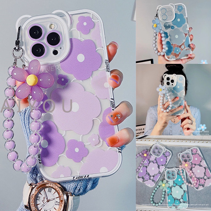 Lucu 3D Telinga Beruang Bunga Gantung Telepon Rantai Bening Soft Case Untuk iphone 14 Pro Max13 12 11 XR XS X7 8 plus SE MiNi Mewah Cover