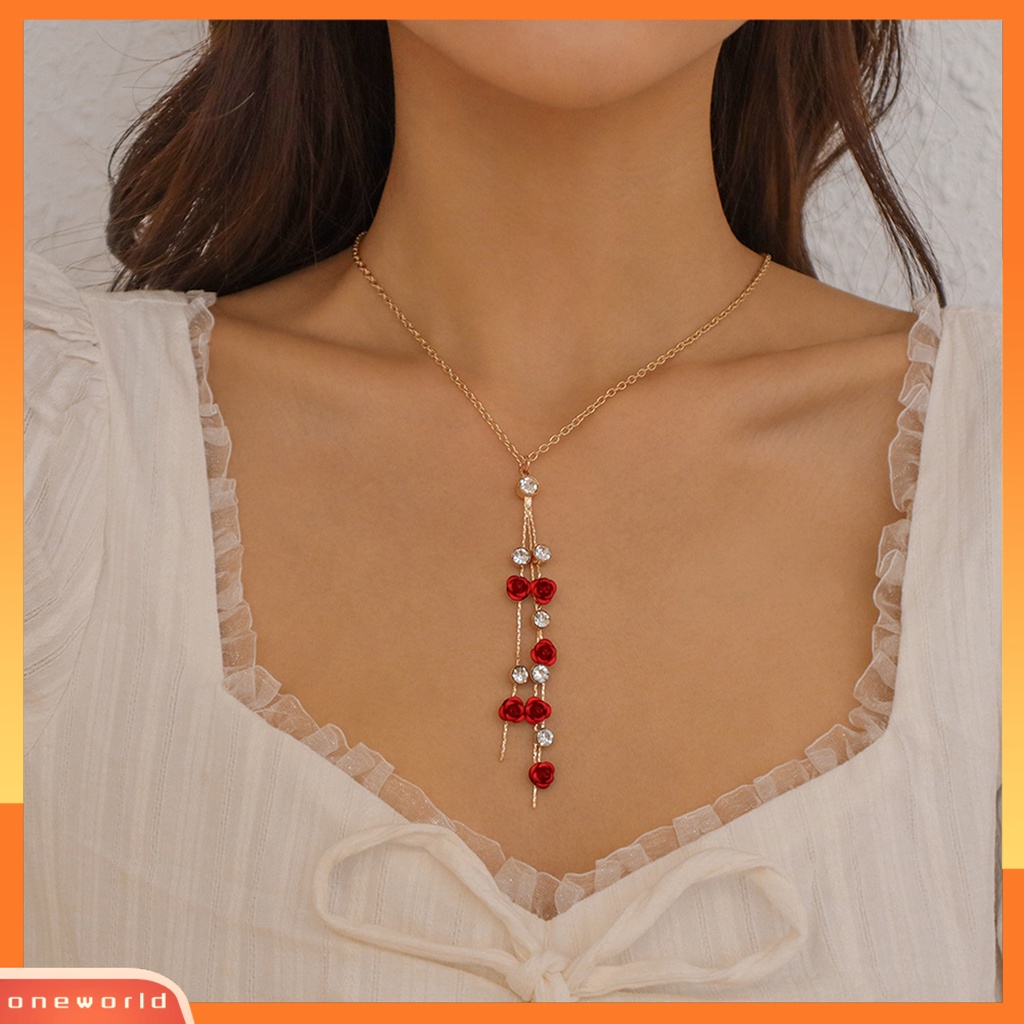 [oneworld] 1set Lady Earrings Kalung Set Indah Anting Panjang Warna Kontras Dekorasi Mawar Merah Berlian Imitasi Mengkilap Wanita Perhiasan Set Untuk Hadiah