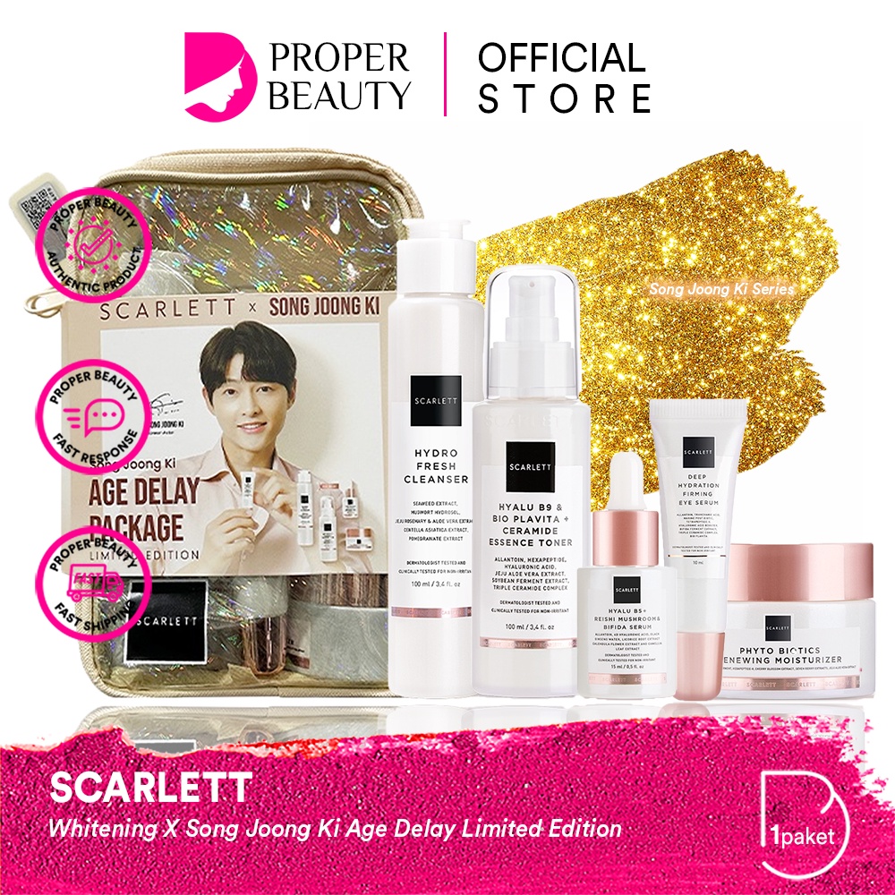 SCARLETT Whitening X Song Joong Ki Age Delay Limited Edition Indonesia / Paket Facial Wash Essence Toner Serum Ampoule Day Night Eye Cream Mask Gel Sunscreen Moisturizer / Brightly Ever After Acne Wajah Face Glowing 1 Paketan Package Full Set Pouch Series