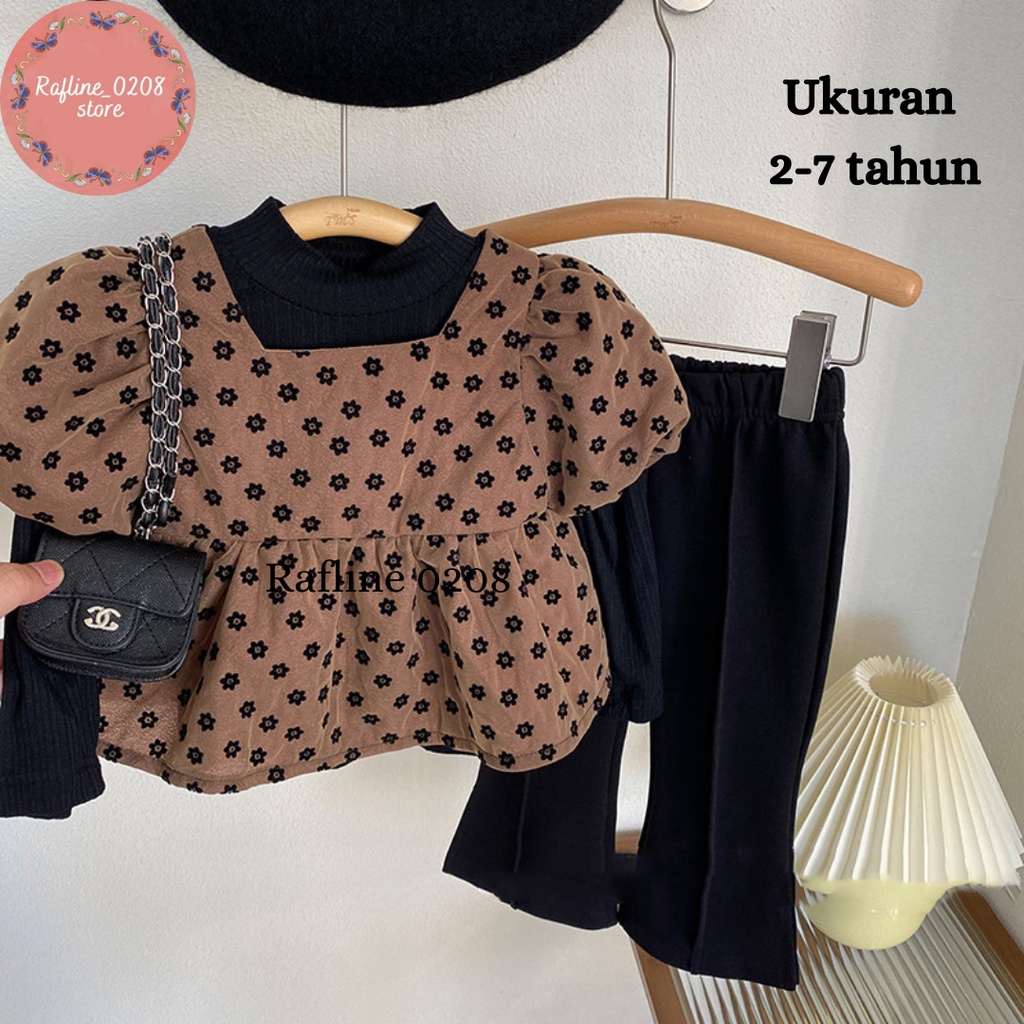[Rafline0208] Setelan import untuk anak perempuan 3 pcs celana panjang, blus coklat motif bunga deng