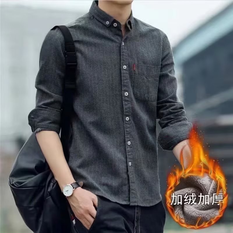 Bulu Berlapis Lengan Panjang Kemeja Kasual Pria Korea Fashion Top  Bergaris Pria kemeja