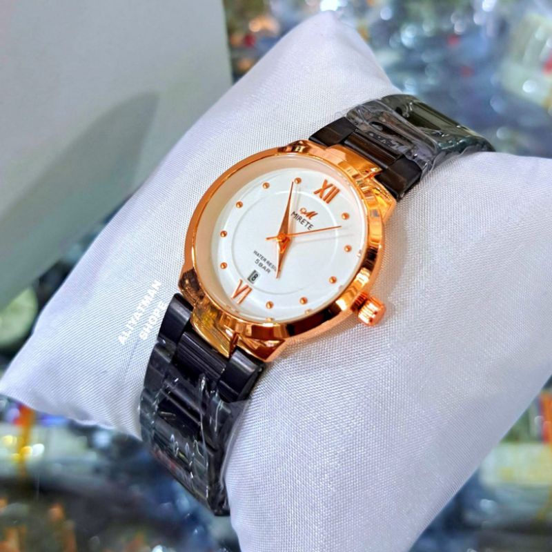 MIRETE Jam Tangan Wanita Import Wanita Kasual Analog Strap Rantai Stainlees Steel Tahan Air / Jam Tangan Cewek Fitur Tanggal Aktif Fashion Wanita