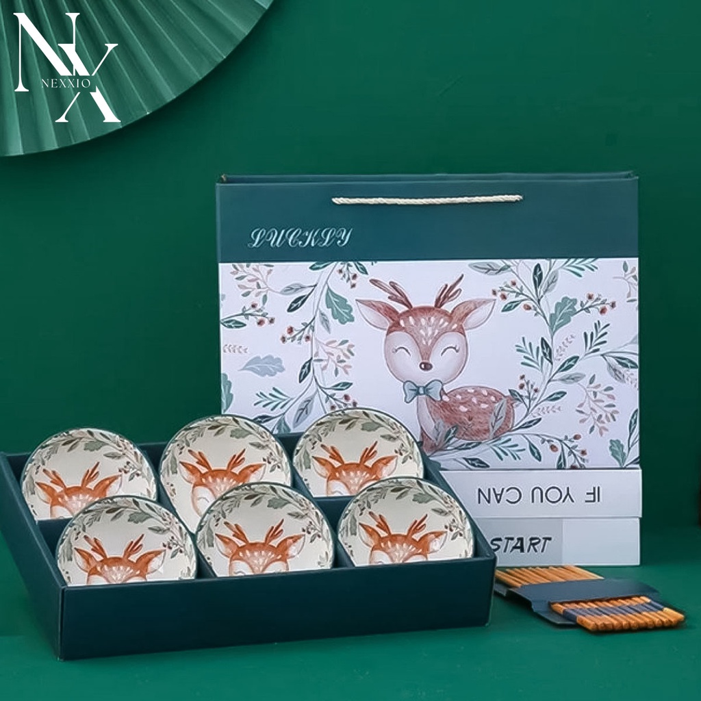 NEXXIO Souvenir mangkok set premium isi 6 peralatan makan porselen biru dan putih mangkuk keramik kotak hadiah mangkok hampers set premium